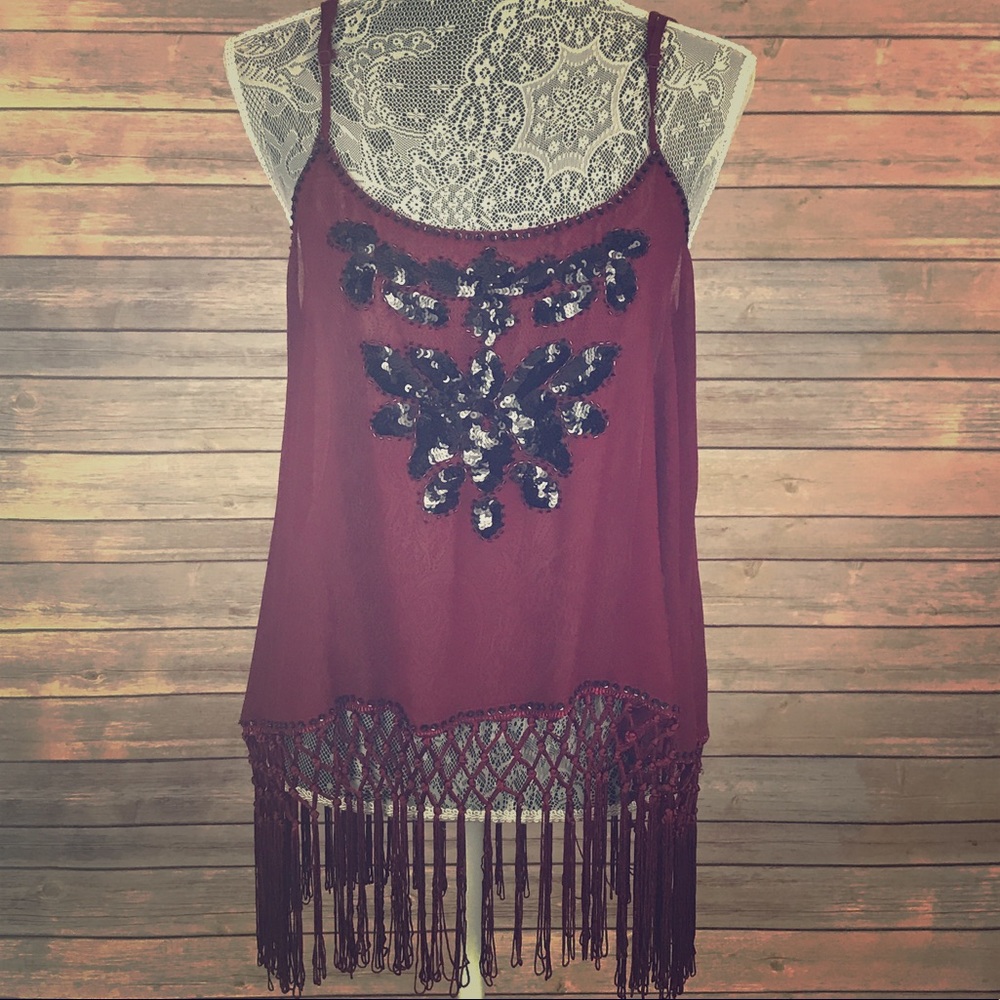 Burgundy sequin spaghetti strap with tassels